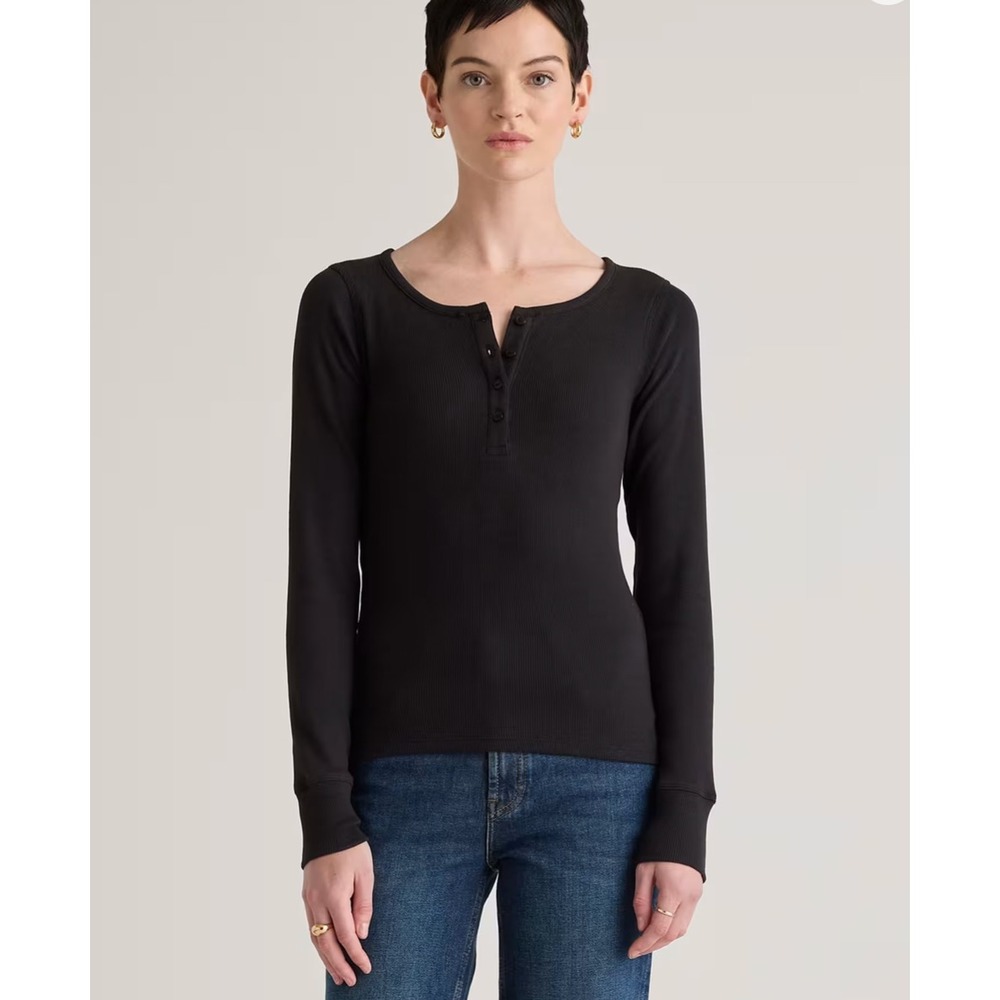 Quince Organic Cotton Micro-Rib Henley Long Sleeve Tee Black Size L